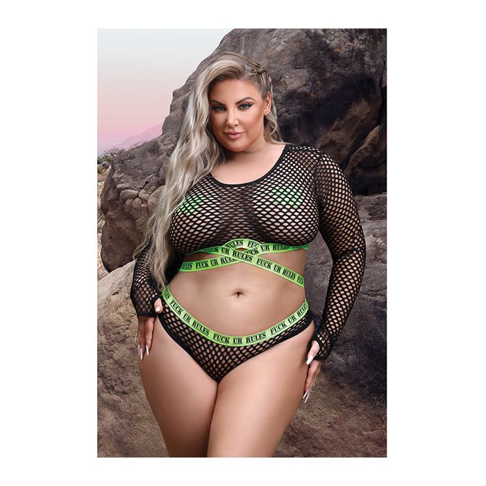 Vibes Fuck Ur Rules Long Sleeve Crop Top, Panty & Pasties Black/Green QN